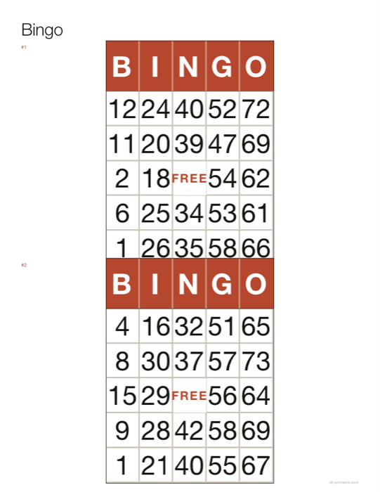 A bingo cards sheet made with this generator