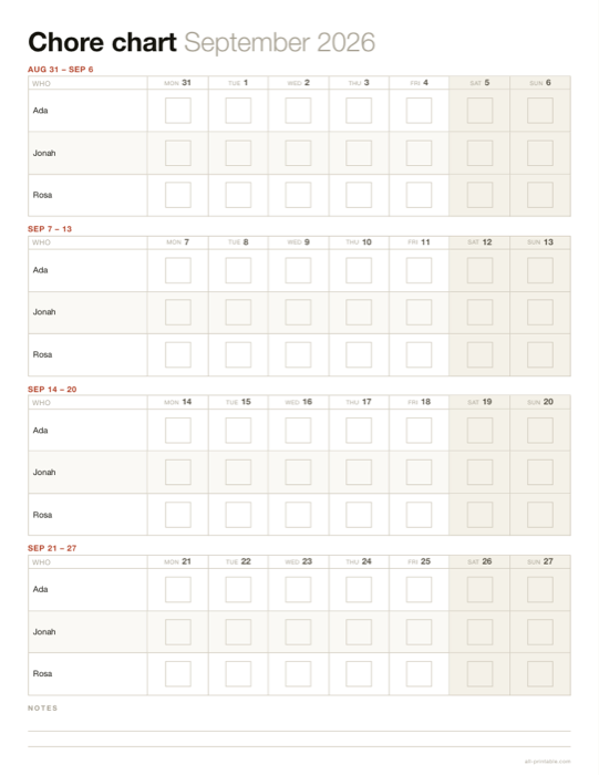 A chore chart sheet made with this generator