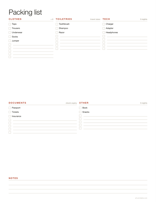 A packing list sheet made with this generator