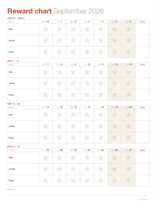 A reward chart sheet made with this generator